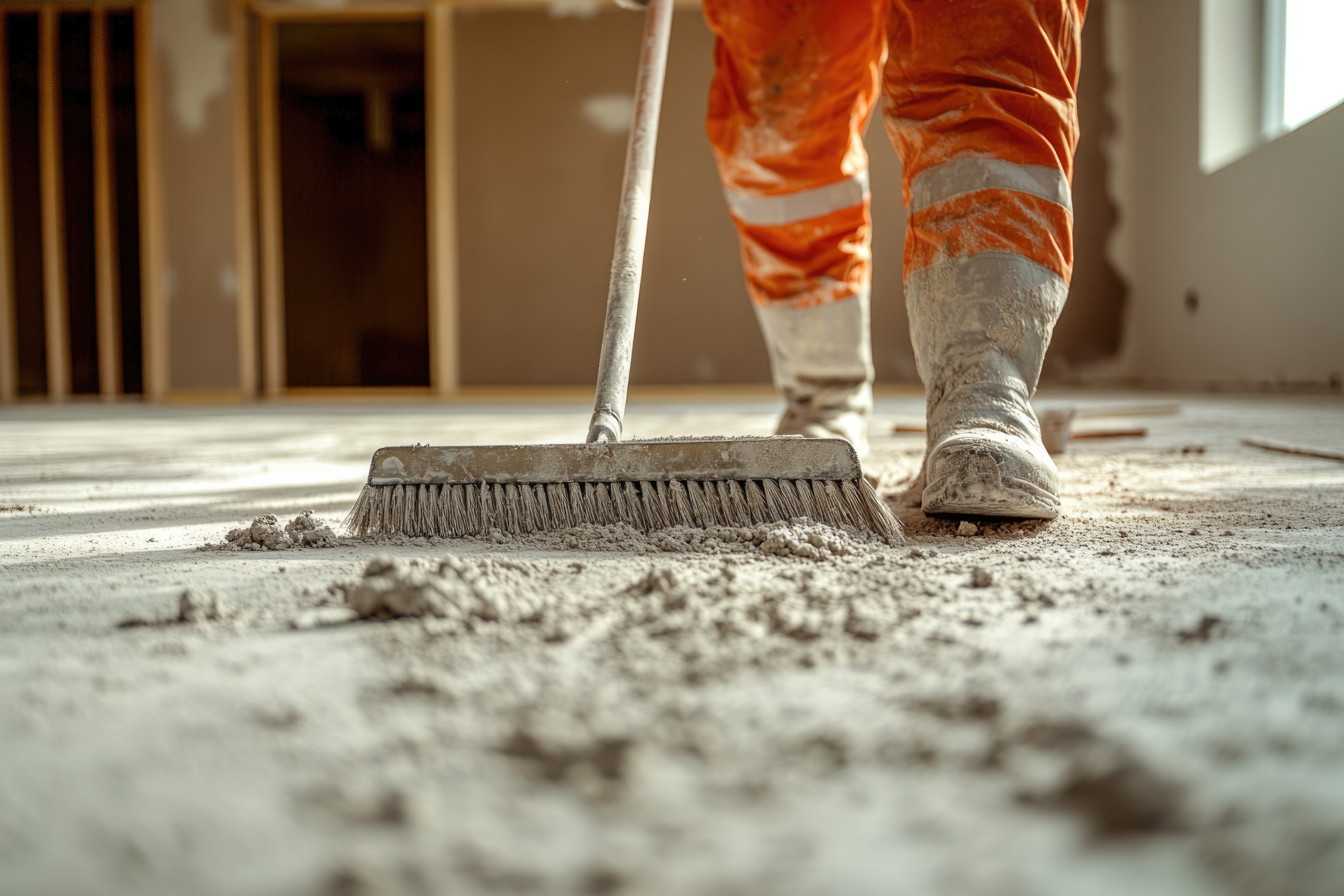 Construction worker in orange safety vest sweeping dust from concrete floor with broom