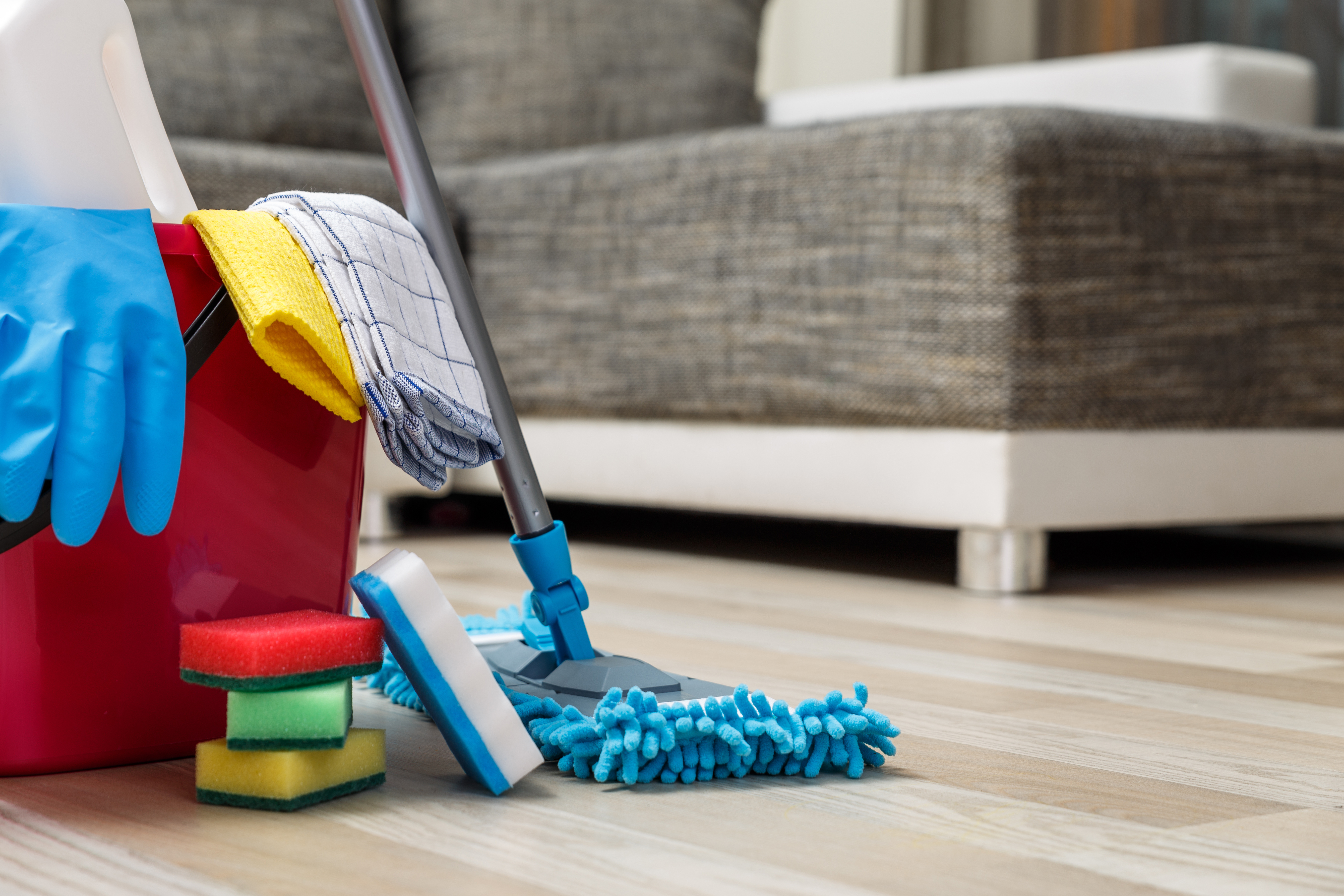 Cleaning supplies including mop, bucket, gloves and sponges on wooden floor with sofa