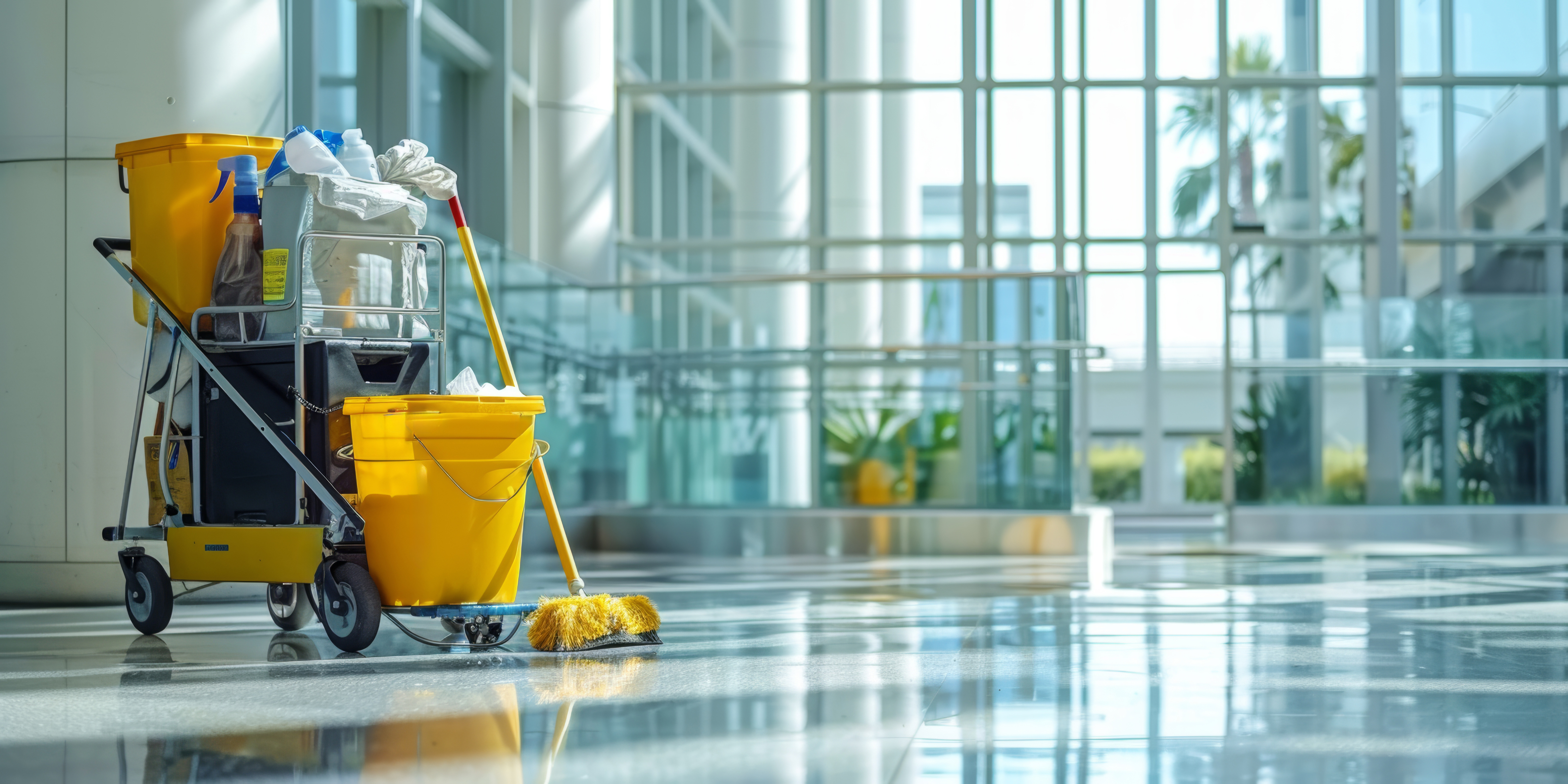 Professional cleaning cart with yellow buckets and mop in modern office lobby with glass windows