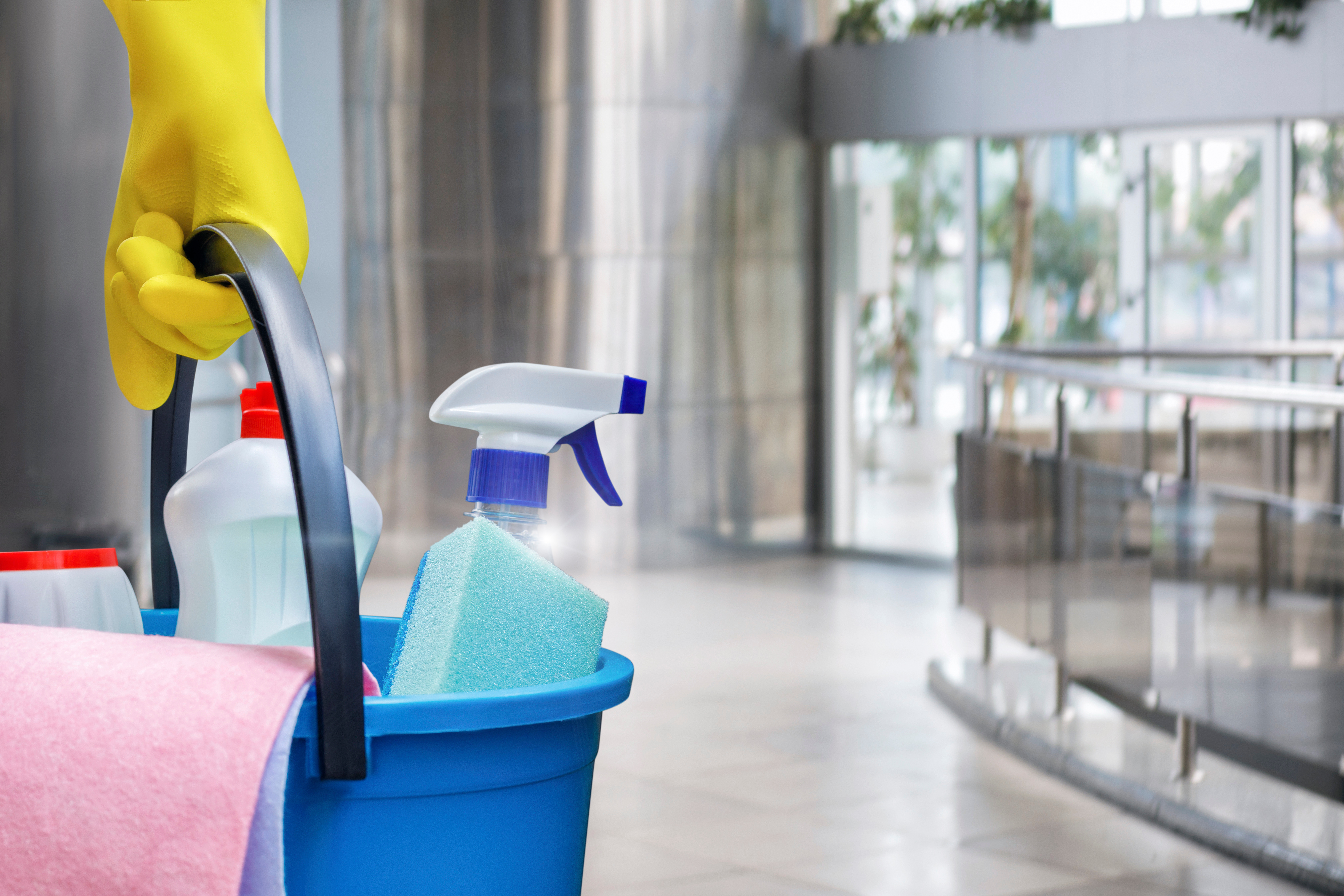 Cleaning supplies in blue bucket with spray bottle and sponge in modern office hallway